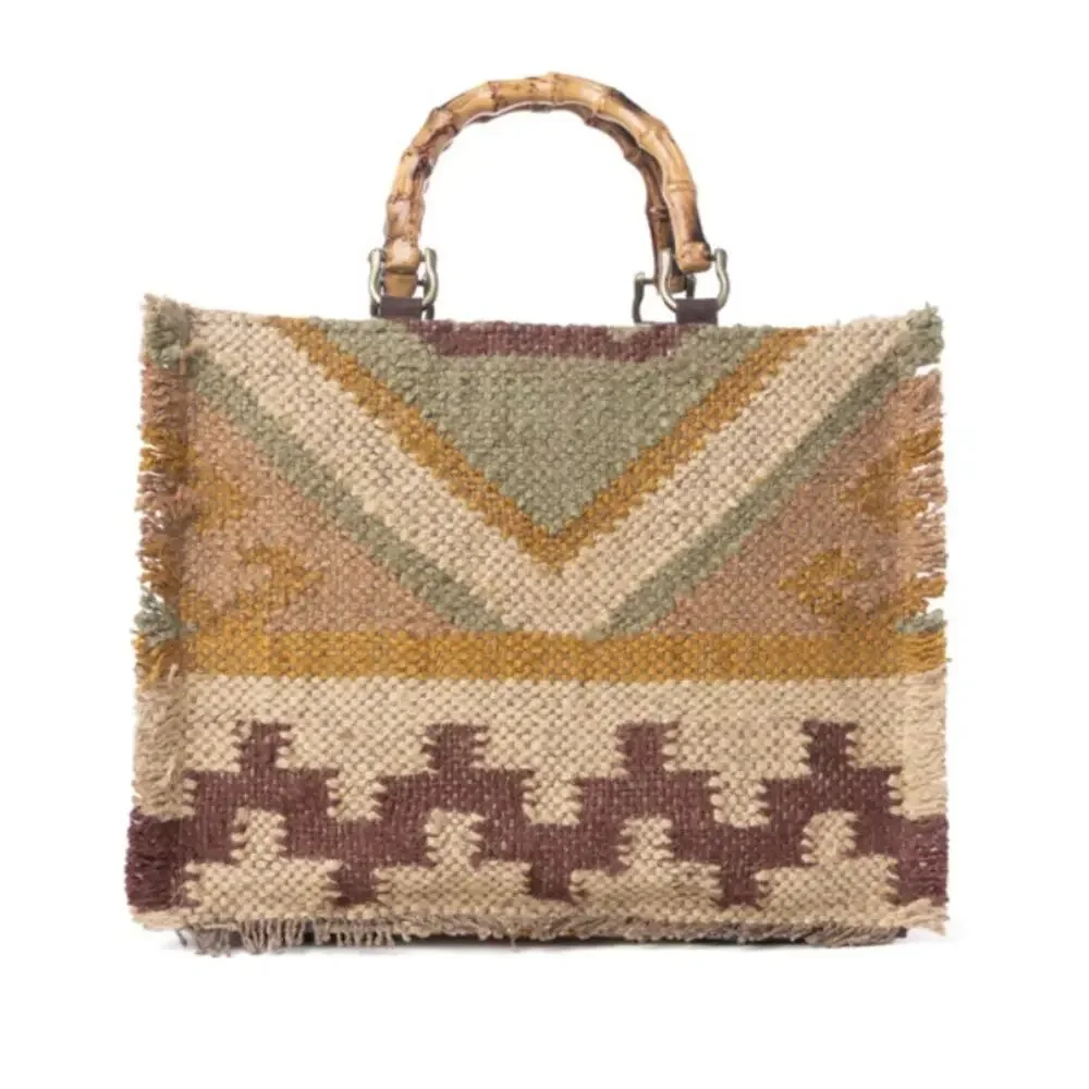 NWT Boutique Western Desert Loom Jute Tote Bag in Olive Amber
